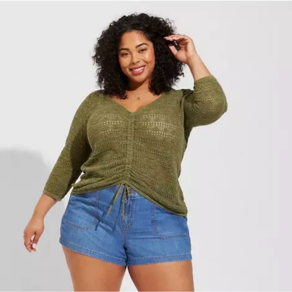 torrid Olive Ruched V-Neck Open-Knit Sweater‎